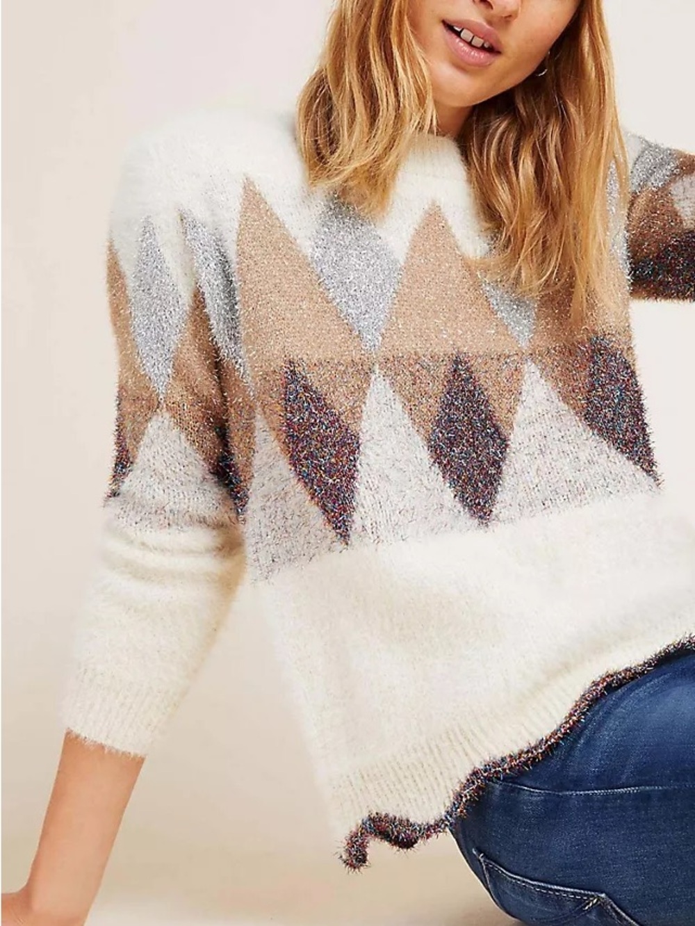 RAGA Matterhorn Ivory Fuzzy Tinsel‎ Knit Diamond Pattern Sweater Size Small NWT